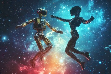 Naklejka premium Robot and human dancing in zero gravity space .