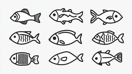 Naklejka premium Set of fish. Fish icon vector isolated on white black background. food illustration sign collection. Fish icon