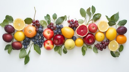 Different fresh fruits and vegetables in air on white background