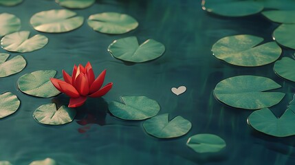 Vibrant red lotus blooming gracefully on tranquil water, surrounded by lily pads and heart-shaped leaves. A serene and beautiful scene symbolizing purity and elegance in nature.