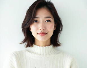 Woman in a white sweater on a white background. Generative AI