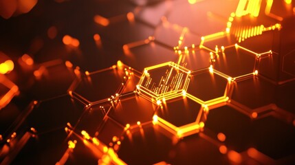 Digital technology background featuring hexagonal patterns, data analysis, and glowing elements. This represents big data and advanced analytics in futuristic setting