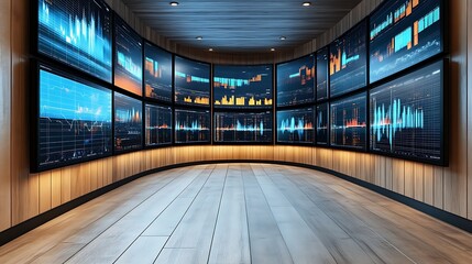 Curved Wall Of Screens Displays Financial Data