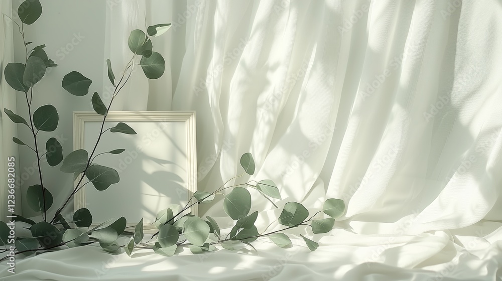 Poster serene greenery against soft drapery and empty frame display