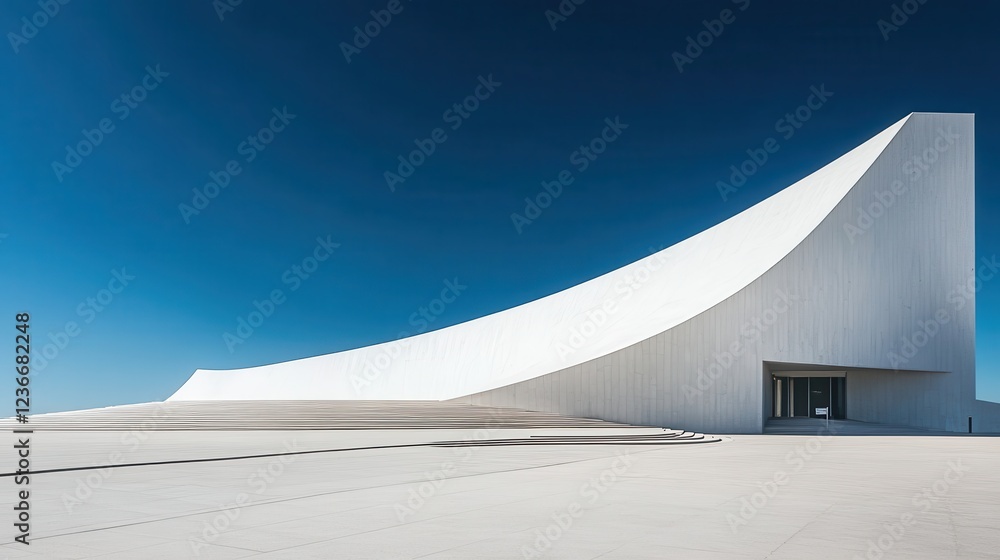 Poster Modern architectural design of a white structure with large glass windows reflecting in clear water under a blue sky
