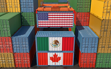 Cargo Container with USA, Mexico and Canada flag. 3D Rendering