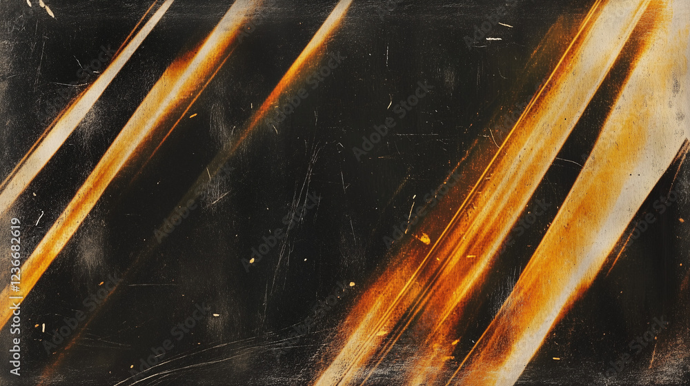 Aufkleber Abstract dark background with streaks of warm golden-orange light creating dynamic movement and depth. The vintage, film-like texture includes visible scratches and smudges, with converging light patt