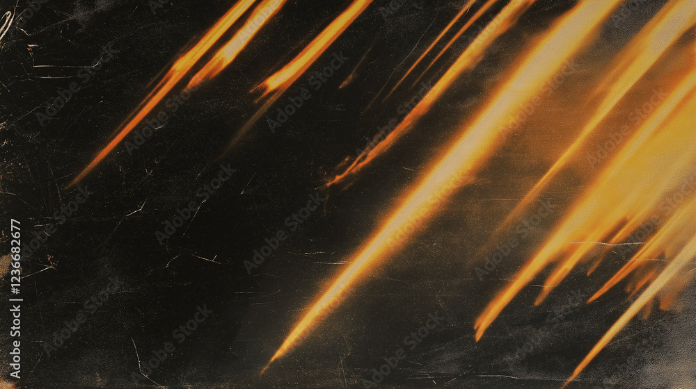Poster Abstract dark background with streaks of warm golden-orange light creating dynamic movement and depth. The vintage, film-like texture includes visible scratches and smudges, with converging light patt