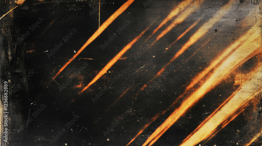Aufkleber Abstract dark background with streaks of warm golden-orange light creating dynamic movement and depth. The vintage, film-like texture includes visible scratches and smudges, with converging light patt