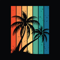 Vibrant Palm Tree Silhouettes with Retro Sunset Gradient Stripes Vector