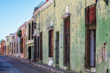Colorful buildings down a street in Campeche, Mexico