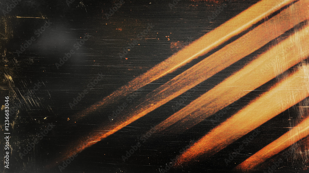 Aufkleber Abstract dark background with streaks of warm golden-orange light creating dynamic movement and depth. The vintage, film-like texture includes visible scratches and smudges, with converging light patt