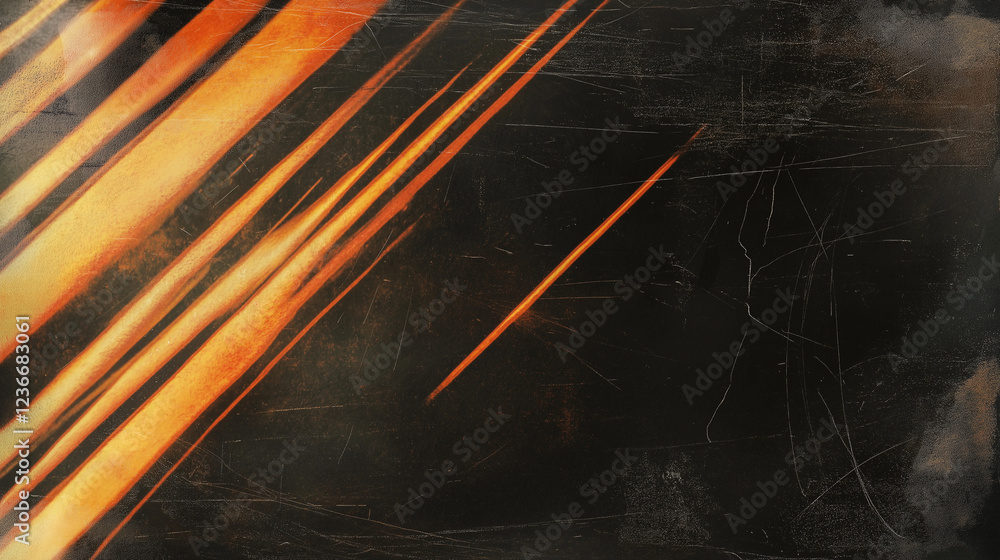 Aufkleber Abstract dark background with streaks of warm golden-orange light creating dynamic movement and depth. The vintage, film-like texture includes visible scratches and smudges, with converging light patt