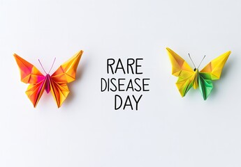 Rare Disease Day Poster with Colorful Origami Butterflies and Text on White Background