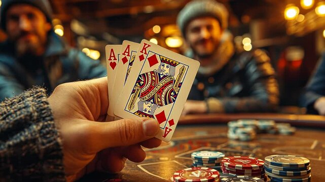 Close-up of a winning poker hand at a lively casino table with players