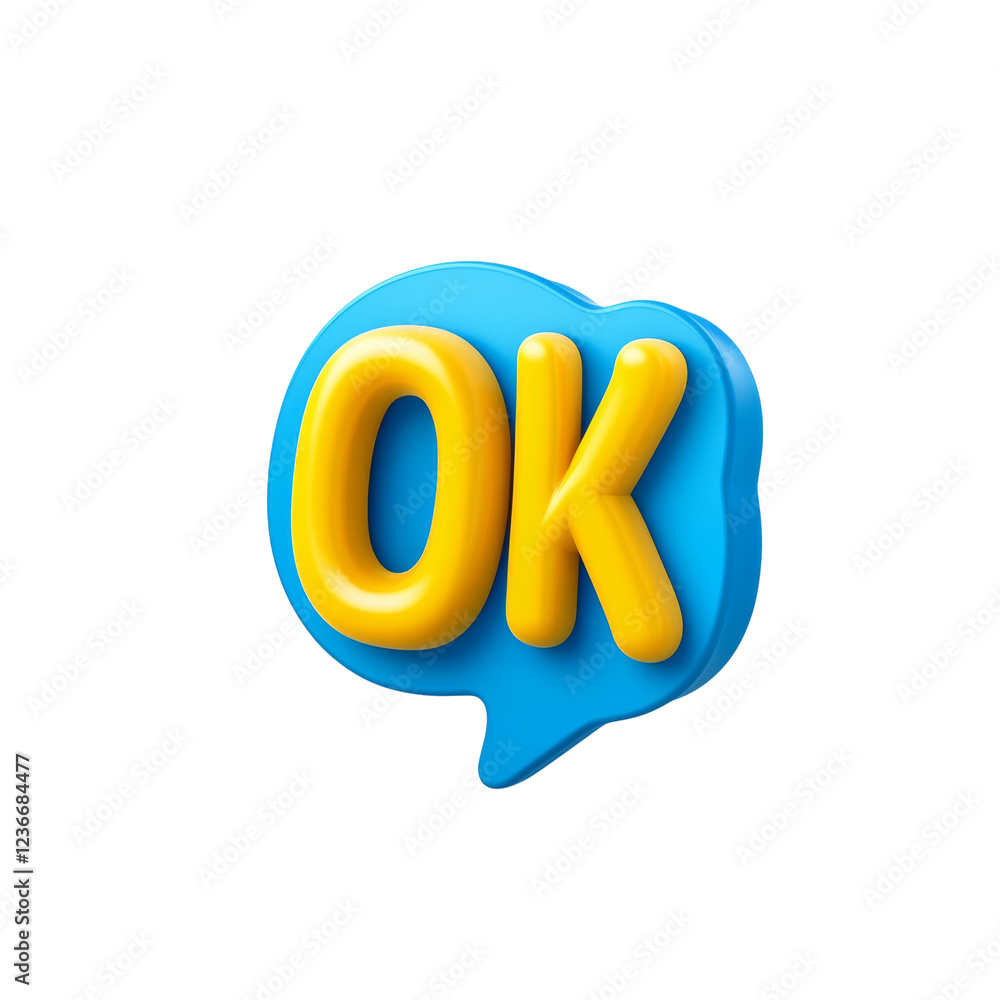 Poster a 3d rendering of a yellow ok sign inside a blue speech bubble on a black background.