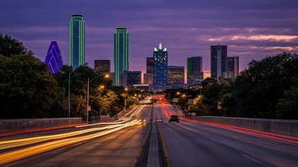 Obraz premium Skyline at Twilight: Vibrant Cityscape with Light Trails
