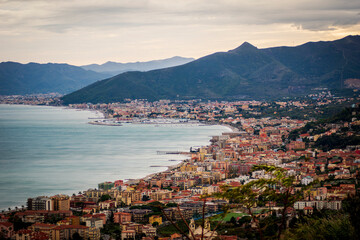 Liguria, Italy. Panoramic view of the city of Pietra Ligure from the village of Borgio Verezzi.