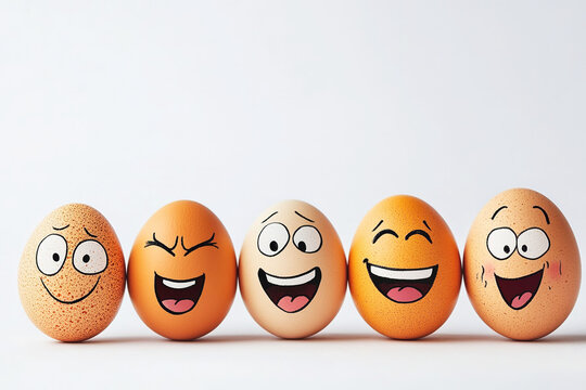 Eggs with funny faces and cute emotions.  Free space for text on white background