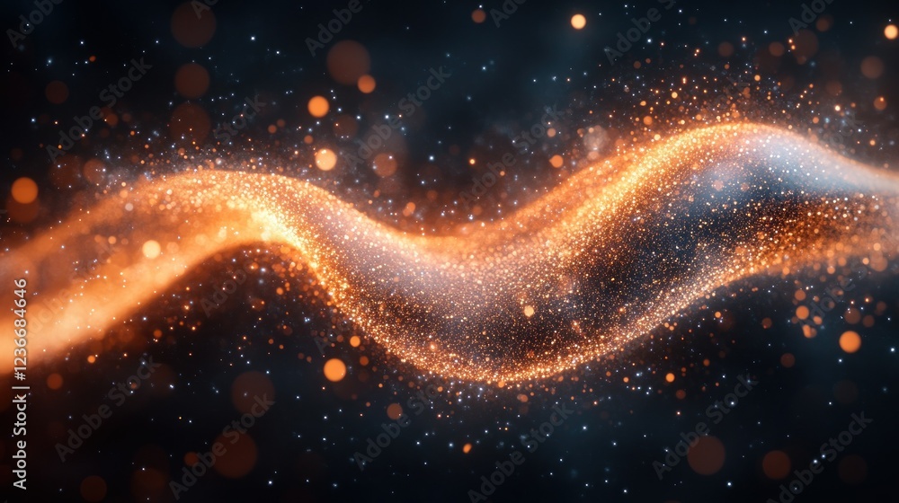 Poster abstract swirling golden particles on dark background with bokeh
