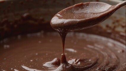 Indulgent chocolate dripping off a spoon under soft light