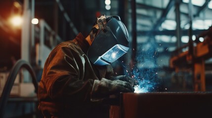 An intimate portrait of a welder in protective gear working on metal structures at a shipyard, Shipbuilding scene, Skilled and industrial style