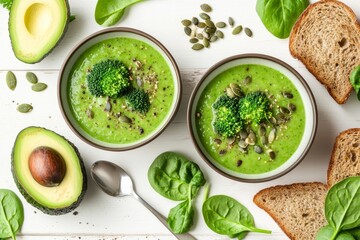 Two bowls of creamy green broccoli and avocado soup, garnished with pumpkin seeds and served with wholemeal bread and spinach.