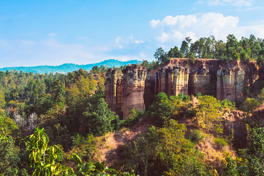 Pha Singh Leaw the wonder landscape of attractions natural phenomenon in Chiang Mai,Thailand. Canyon and green forest in nature. The sand stone mountain or canyon natural phenomenon cliff and pillars.