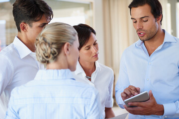 Hotel, training and manager with team on tablet for meeting, website information and support....