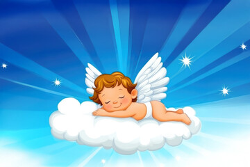 Pretty angel baby with wings resting on the cloud on a blue sky background