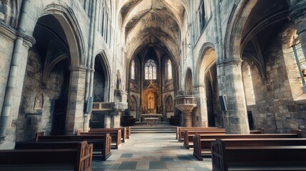 Fototapeta premium Majestic Interior of a Gothic Cathedral Tranquil Sanctuary with Stone Arches and Wooden Pews