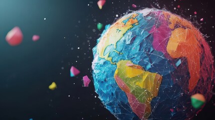 Colorful 3D Globe with Geometric Shapes in Dynamic Background