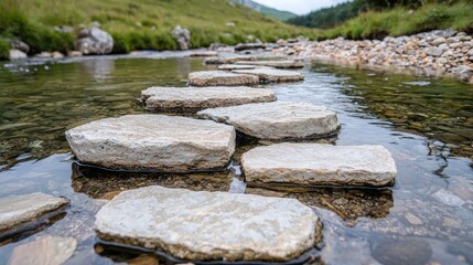 Stepping stones across clear stream, mountain valley background, nature trail