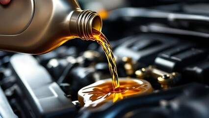 Pouring oil motor car lubricant from black bottle on engine background , service oil change auto repair shop; concept of petrochemical cleaning technology