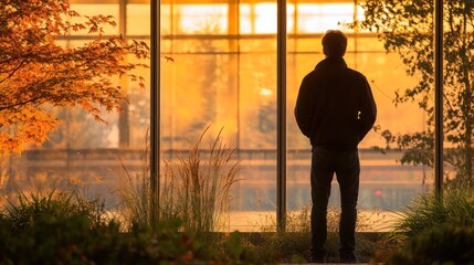 Fototapeta premium Silhouette of a Man at Sunset, Contemplating the Golden Hour