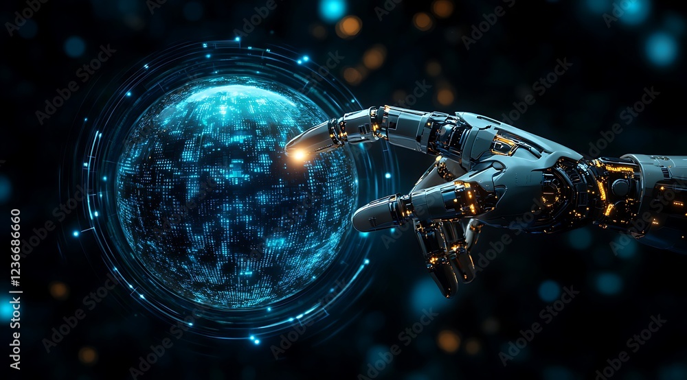 Poster robotic hand interacting with a digital globe, representing ai and global connectivity.