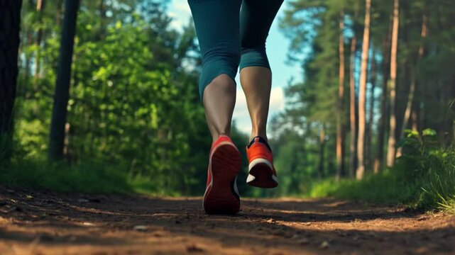Bright orange running shoes moving swiftly across forest trail during energetic morning cardio workout