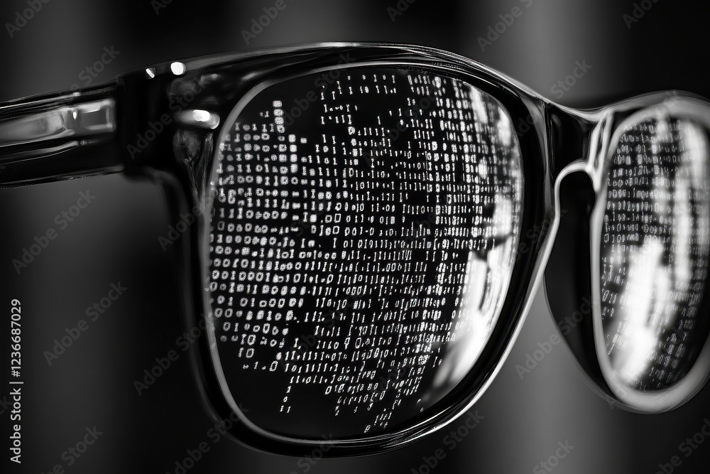 Poster reflection of encrypted data on it professional's eyeglasses . glasses reflecting a computer screen 