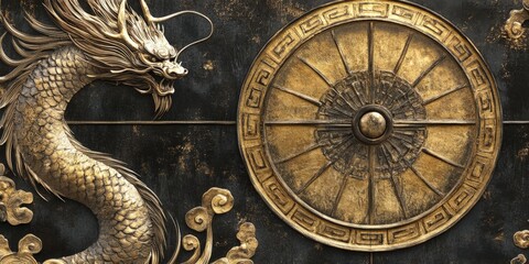 Naklejka premium Golden dragon & wheel; Asian art; dark background; decor.