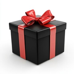 Obraz premium Sleek black gift box with shiny red ribbon and bow on a white background