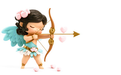 Pretty Amur or cupid happy baby angel character with bow and arrow and spreading love hearts on white background