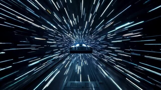 Futuristic car speeding through hyperspace tunnel with light trails, ideal for technology or sci-fi projects