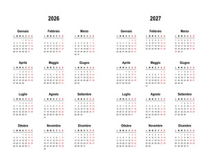 2026 and 2027 calendar minimalist on Italian language with italian holidays.  Week start on Monday. 