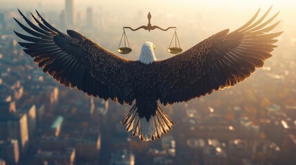 Majestic Eagle Spreading Wings with Balanced Scales Above Cityscape