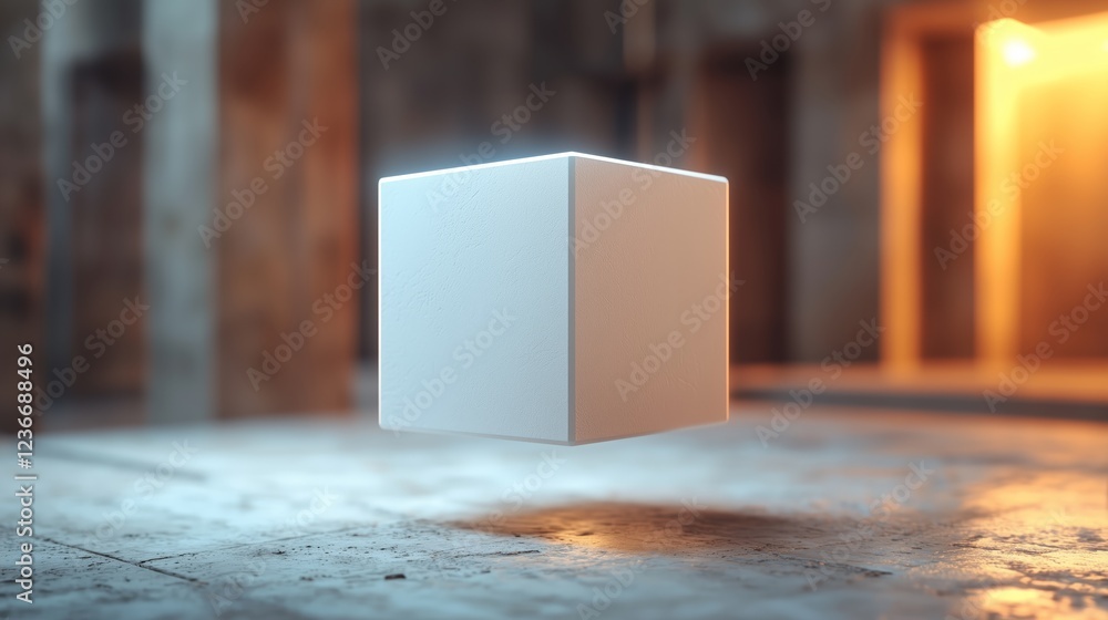 Poster floating white cube in abstract indoor setting with ambient light