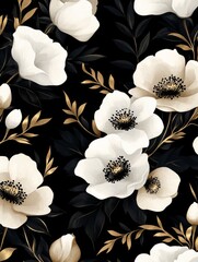 Elegant floral pattern featuring white and gold flower on a black background, perfect for design use