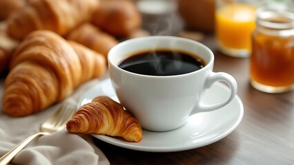 Continental breakfast with fresh croissants, orange juice and coffee, selective focuse.