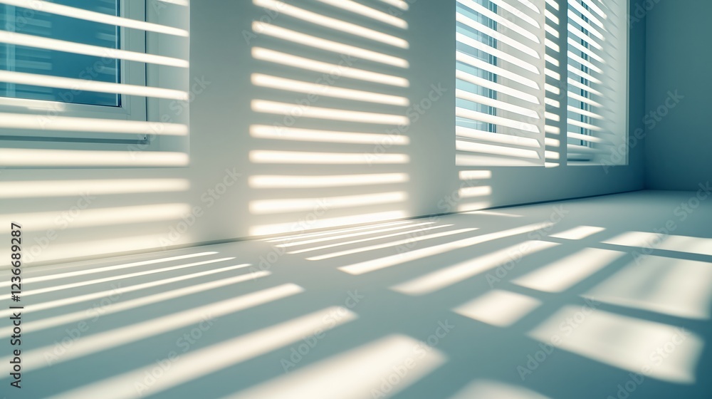 Poster light and shadow patterns on modern interior floor from window blinds