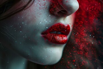 Close up of a woman's face with vibrant red lipstick and glitter makeup, creating a glamorous and dramatic look
