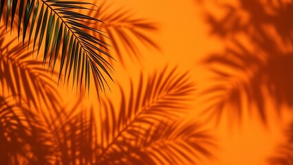 Tropical palm leaves natural shadow overlay on orange texture background, for overlay on product presentation, backdrop and mockup, summer seasonal concept, minimal trend style
